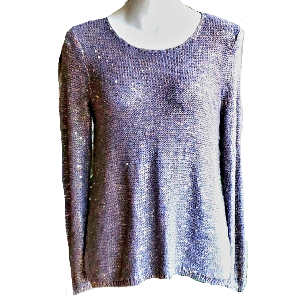 Chico's Gray and Gold Metallic Knit Pullover Sweater Size S/M Festive